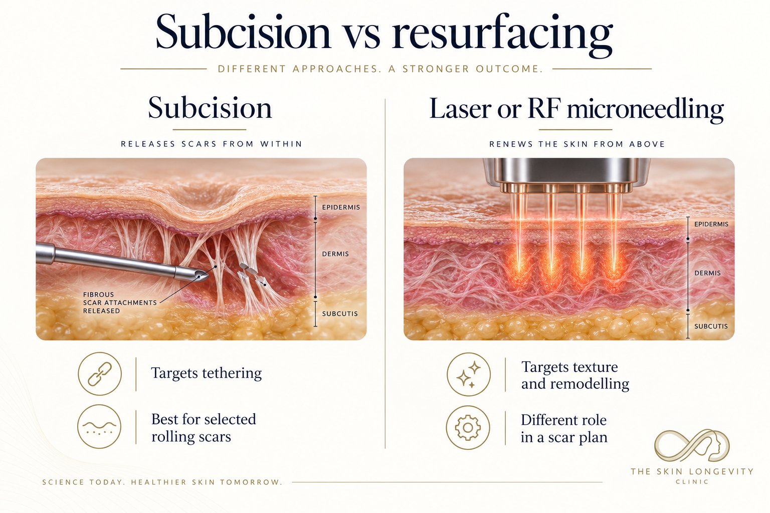 Subcision versus resurfacing: subcision releases fibrous scar attachments from within for tethered rolling scars, while laser or RF microneedling renews the skin from above for texture and remodelling