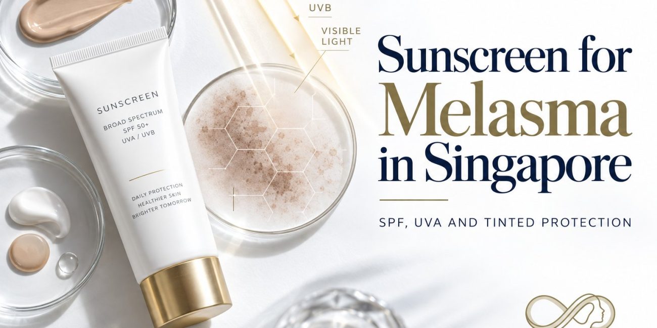 Sunscreen for melasma in Singapore: a broad spectrum SPF 50+ UVA/UVB sunscreen with tinted and untinted swatches and a diagram of UVA, UVB and visible light reaching pigmented skin