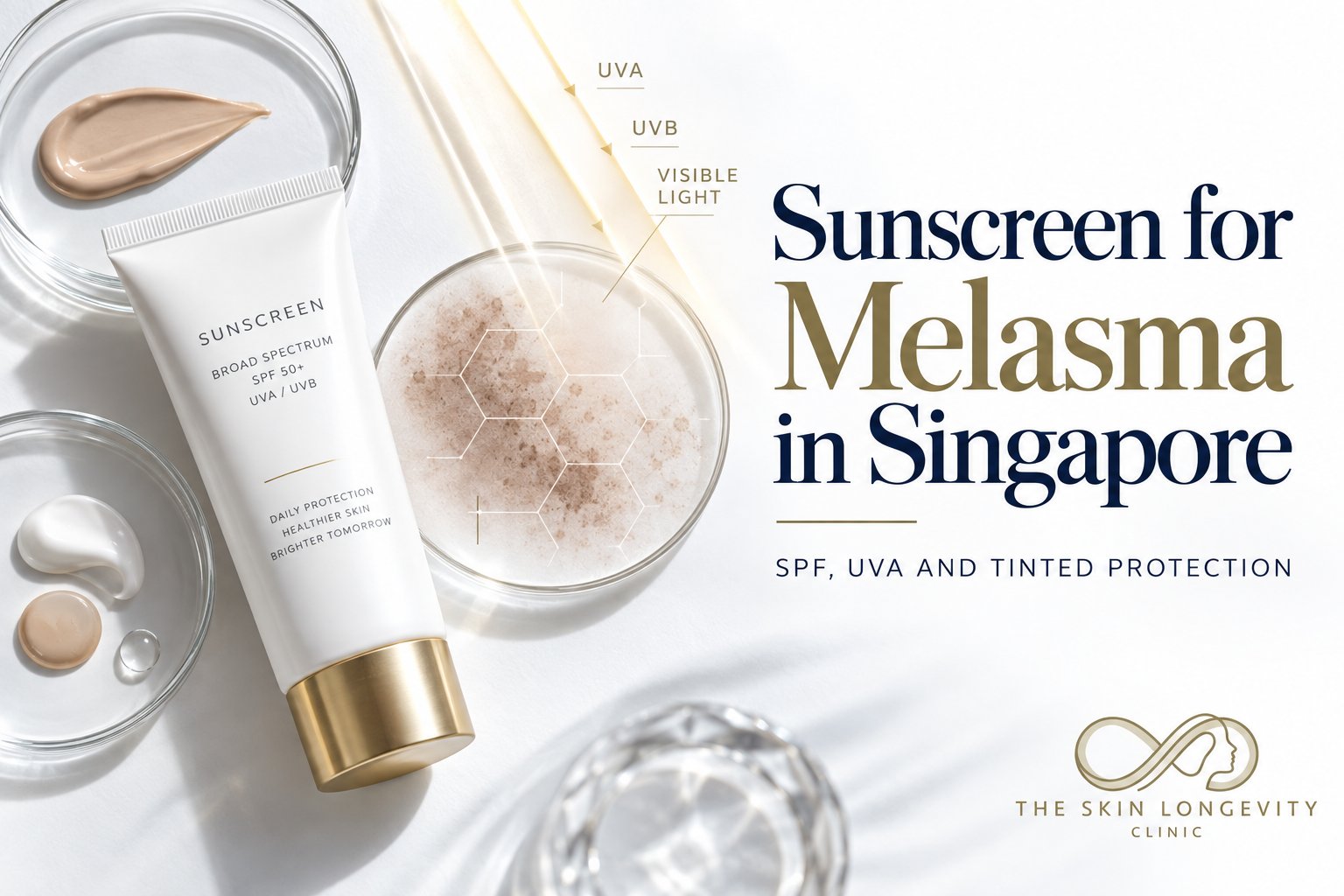 Sunscreen for melasma in Singapore: a broad spectrum SPF 50+ UVA/UVB sunscreen with tinted and untinted swatches and a diagram of UVA, UVB and visible light reaching pigmented skin