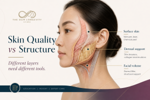 Medical illustration of surface skin, dermal support and facial volume showing the treatment categories used at each layer