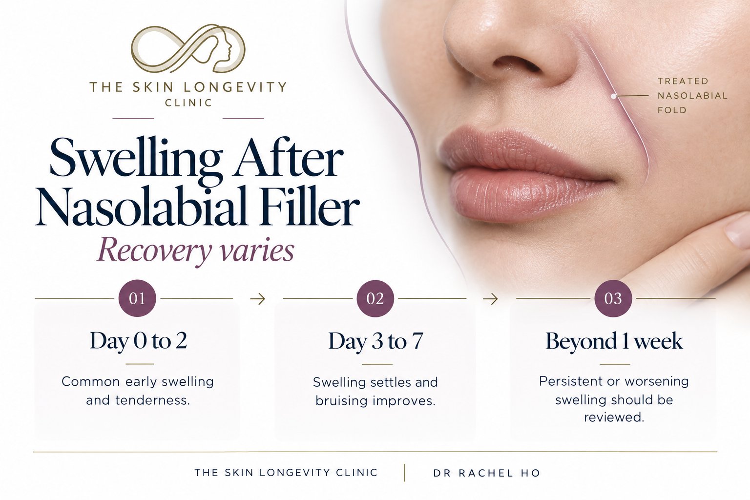 Swelling after nasolabial filler: common early swelling and tenderness on days 0 to 2, settling swelling and improving bruising on days 3 to 7, and persistent or worsening swelling beyond one week needing review