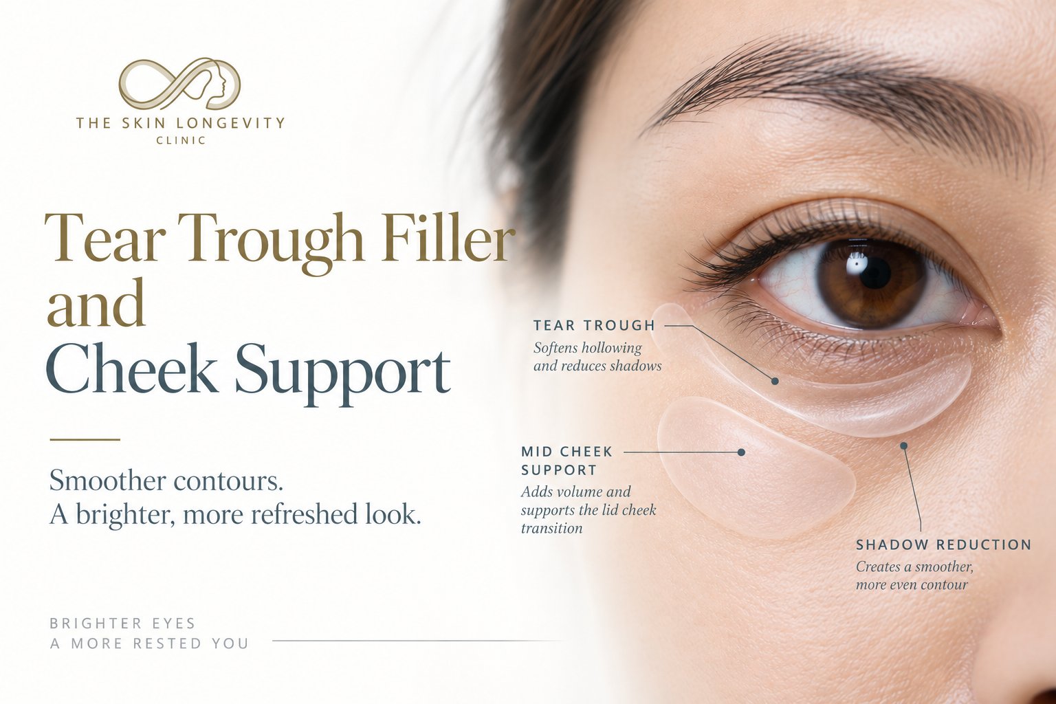 Tear trough filler and mid cheek support for dark circles caused by hollowing and shadow