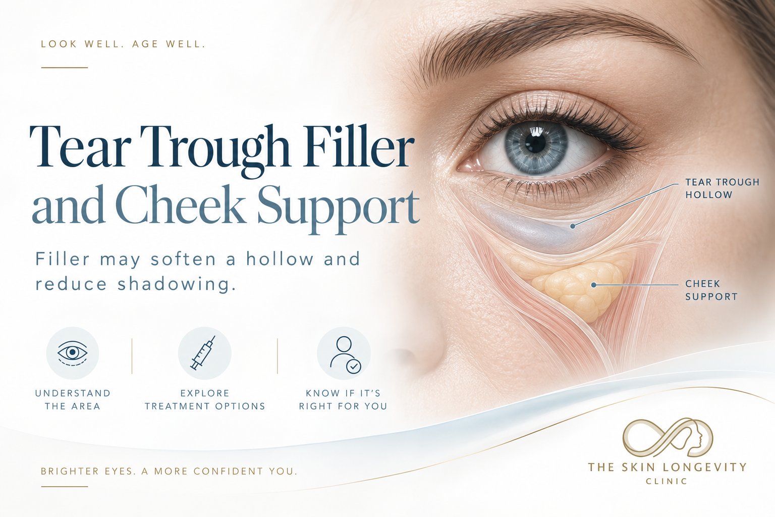 Tear trough filler and cheek support for eye bags: filler may soften a hollow and reduce shadowing
