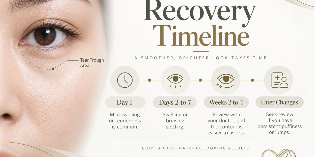Tear trough filler recovery timeline: day 1, days 2 to 7, weeks 2 to 4 and later changes