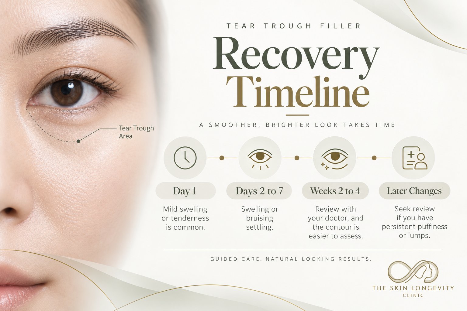 Tear trough filler recovery timeline: day 1, days 2 to 7, weeks 2 to 4 and later changes