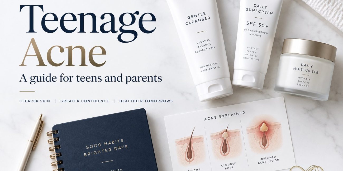 Teenage acne guide for teens and parents in Singapore, showing a gentle cleanser, daily sunscreen SPF 50+, moisturiser and a diagram of a healthy follicle, clogged pore and inflamed acne lesion
