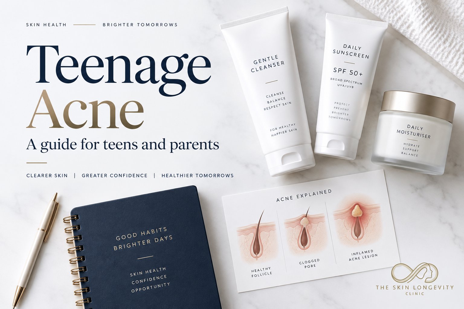 Teenage acne guide for teens and parents in Singapore, showing a gentle cleanser, daily sunscreen SPF 50+, moisturiser and a diagram of a healthy follicle, clogged pore and inflamed acne lesion