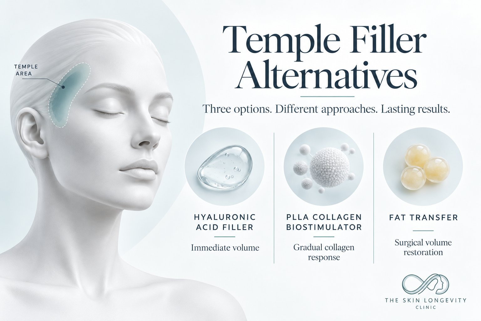 Temple filler alternatives: hyaluronic acid filler, PLLA collagen biostimulator and fat transfer
