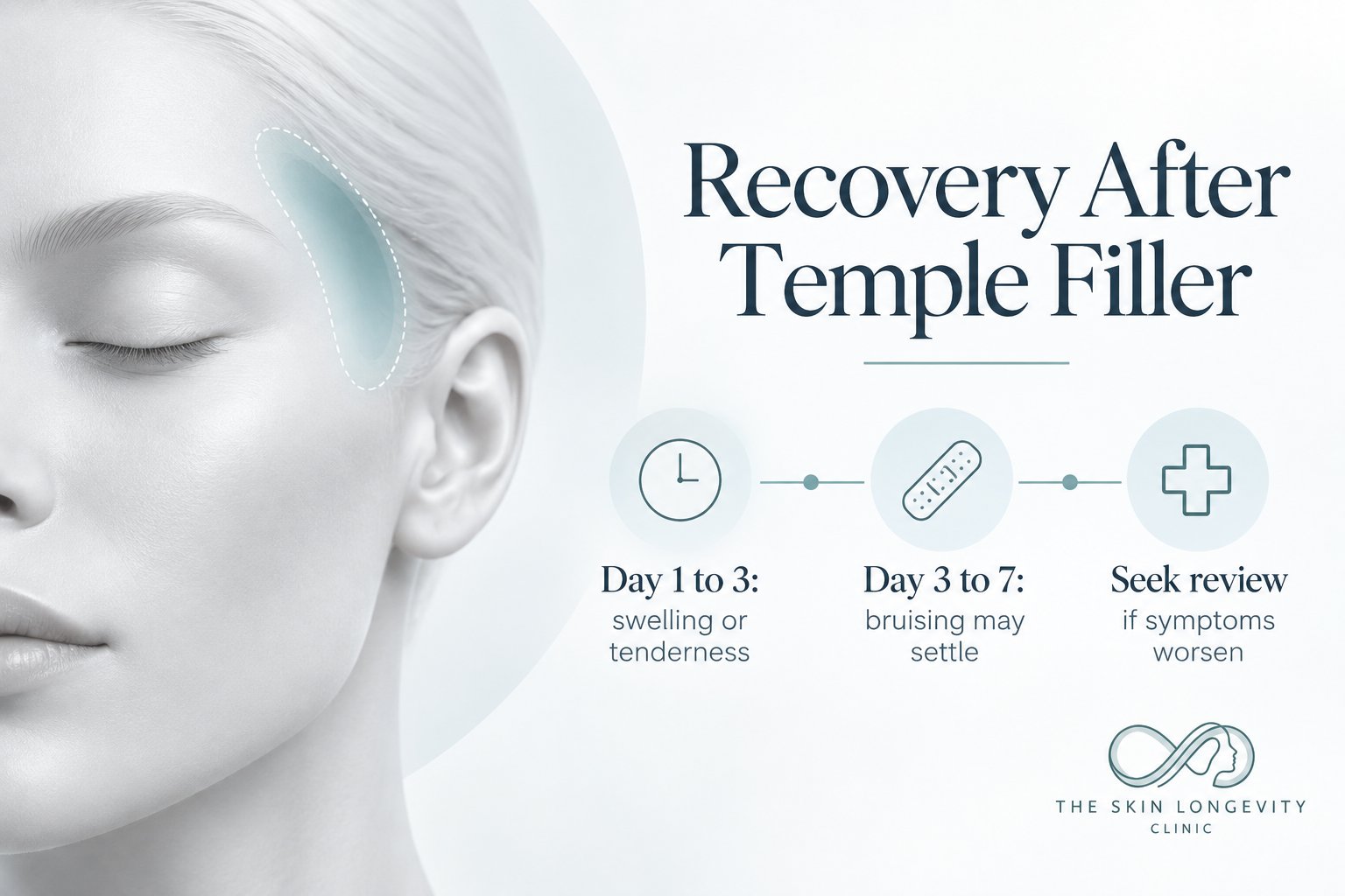 Recovery after temple filler: swelling or tenderness on days 1 to 3, bruising settling by day 7, review if symptoms worsen