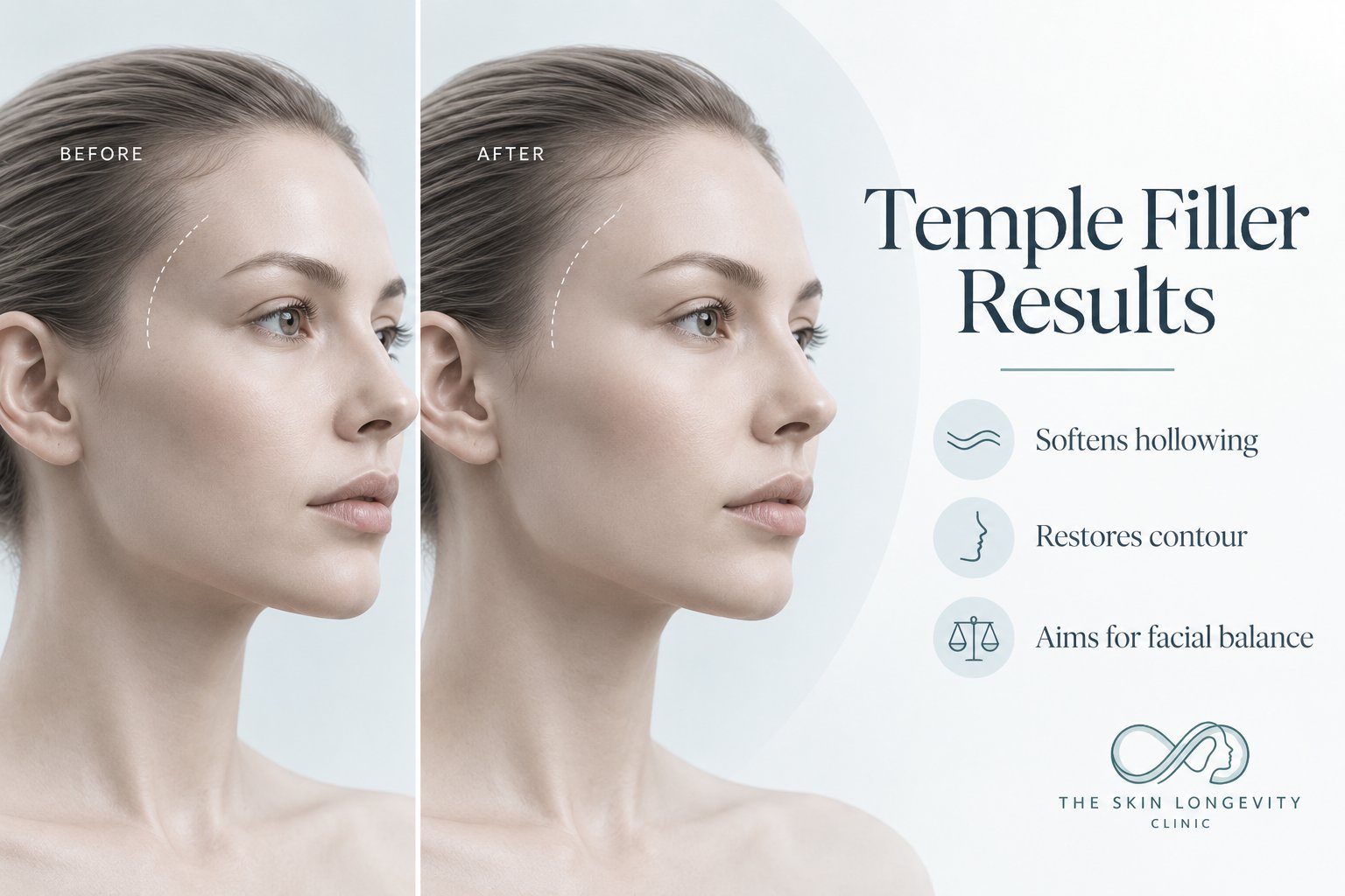 Temple filler results before and after: softened hollowing and restored contour beside the outer brow