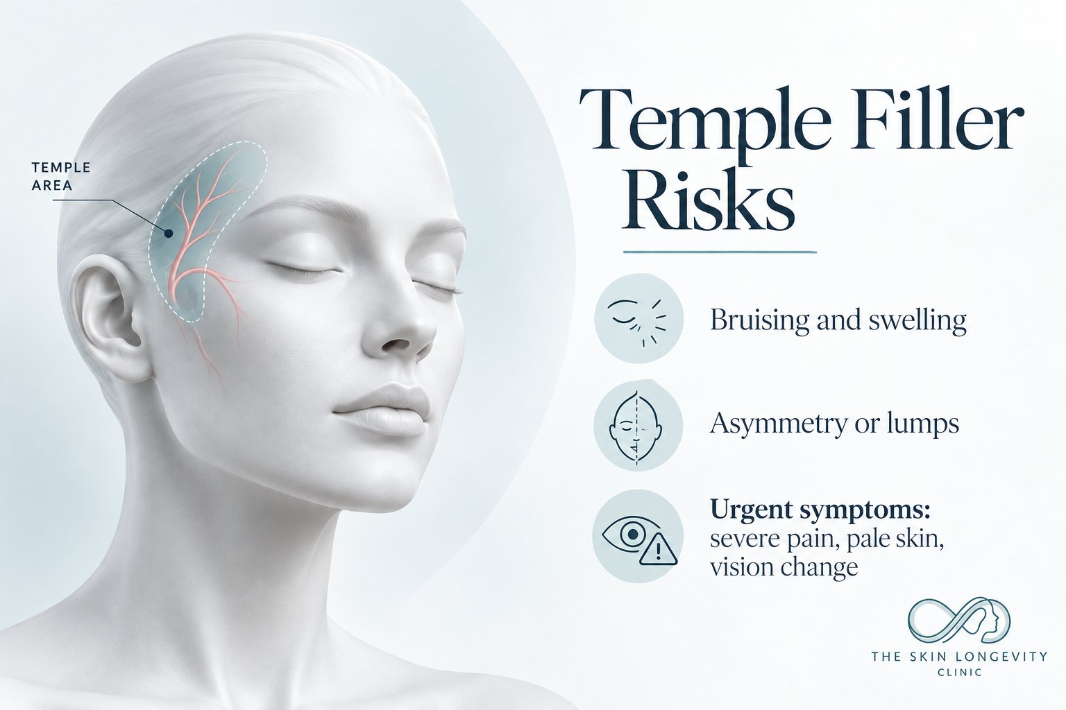 Temple filler risks: bruising and swelling, asymmetry or lumps, and urgent symptoms of severe pain, pale skin or vision change