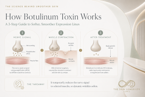 Medical diagram showing acetylcholine release, muscle contraction and the temporary reduction in nerve signalling after botulinum toxin treatment