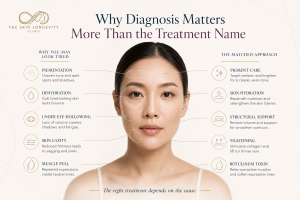 Hyperrealistic Asian woman with facial callouts for pigmentation, dehydration, under eye hollowing, skin laxity and muscle related lines
