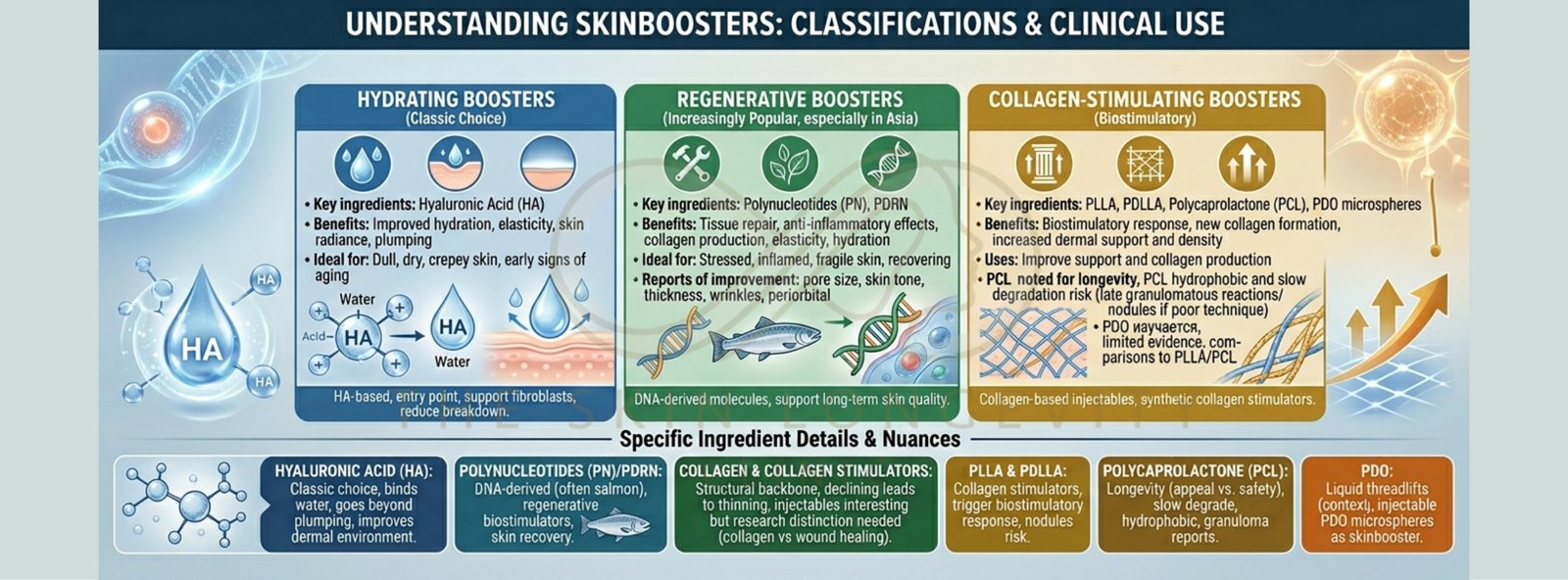 Types of skin boosters in Singapore: hydrating (hyaluronic acid), regenerative (polynucleotide, PDRN) and collagen-stimulating (PLLA, PDLLA, PCL, PDO) boosters classified by clinical use