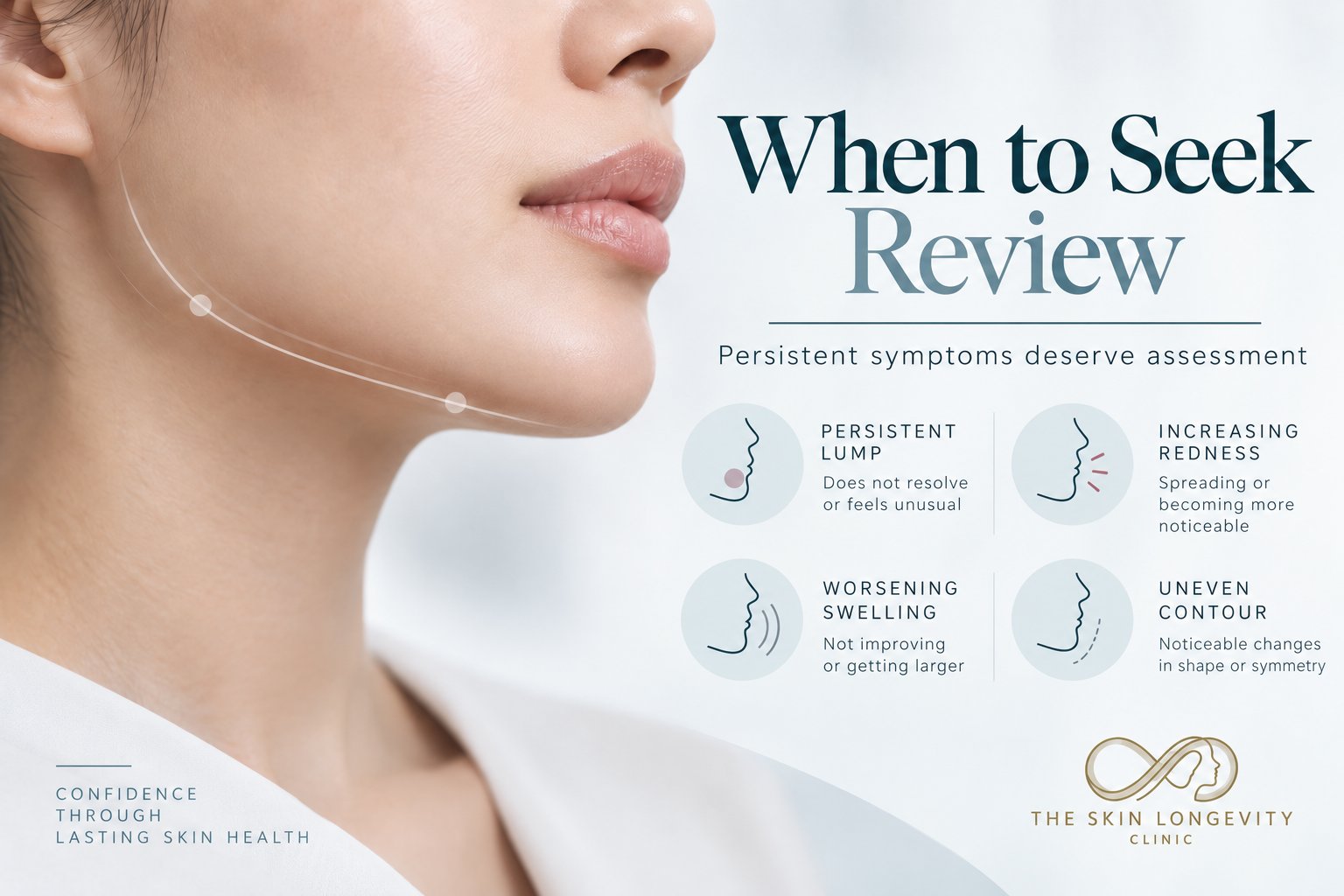 Urgent warning signs after jawline filler: severe or increasing pain, pale or dusky skin, spreading mottled colour, sudden blurred vision