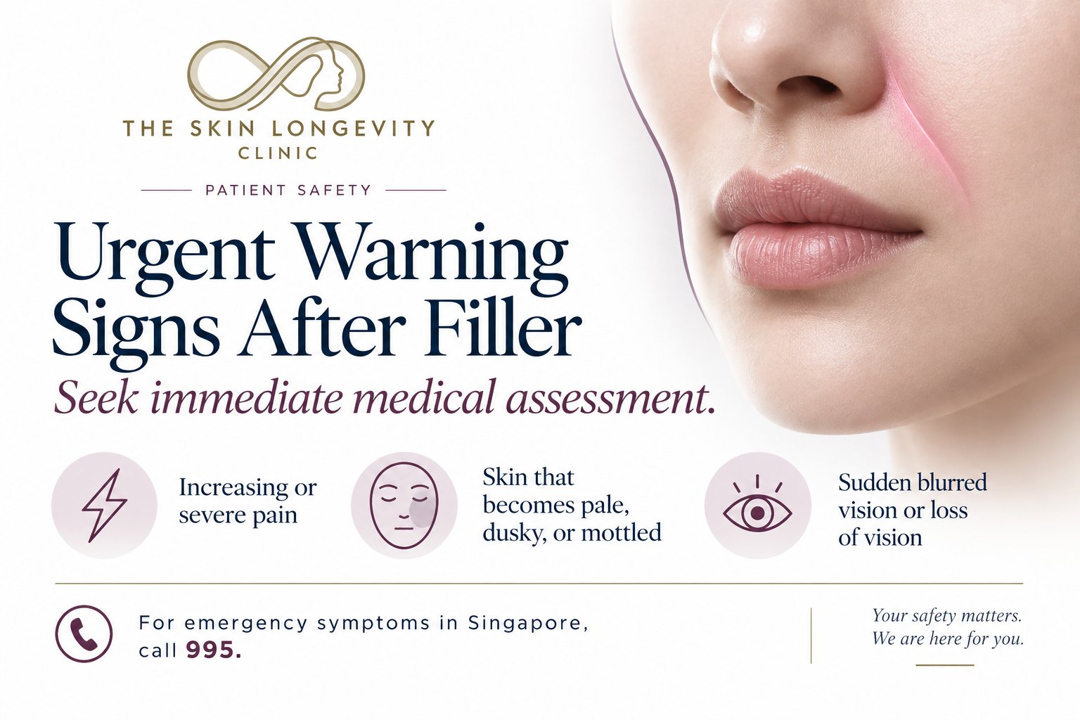 Urgent warning signs after nasolabial filler: increasing or severe pain, skin that becomes pale, dusky or mottled, and sudden blurred vision or loss of vision, with 995 for emergencies in Singapore