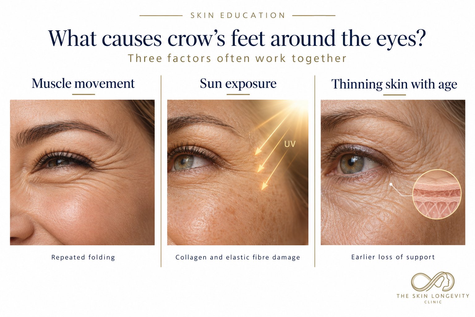 What causes crow’s feet around the eyes: muscle movement, sun exposure and thinning skin with age
