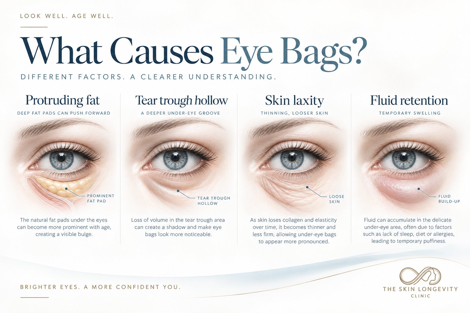 What causes eye bags: protruding fat, tear trough hollow, skin laxity and fluid retention