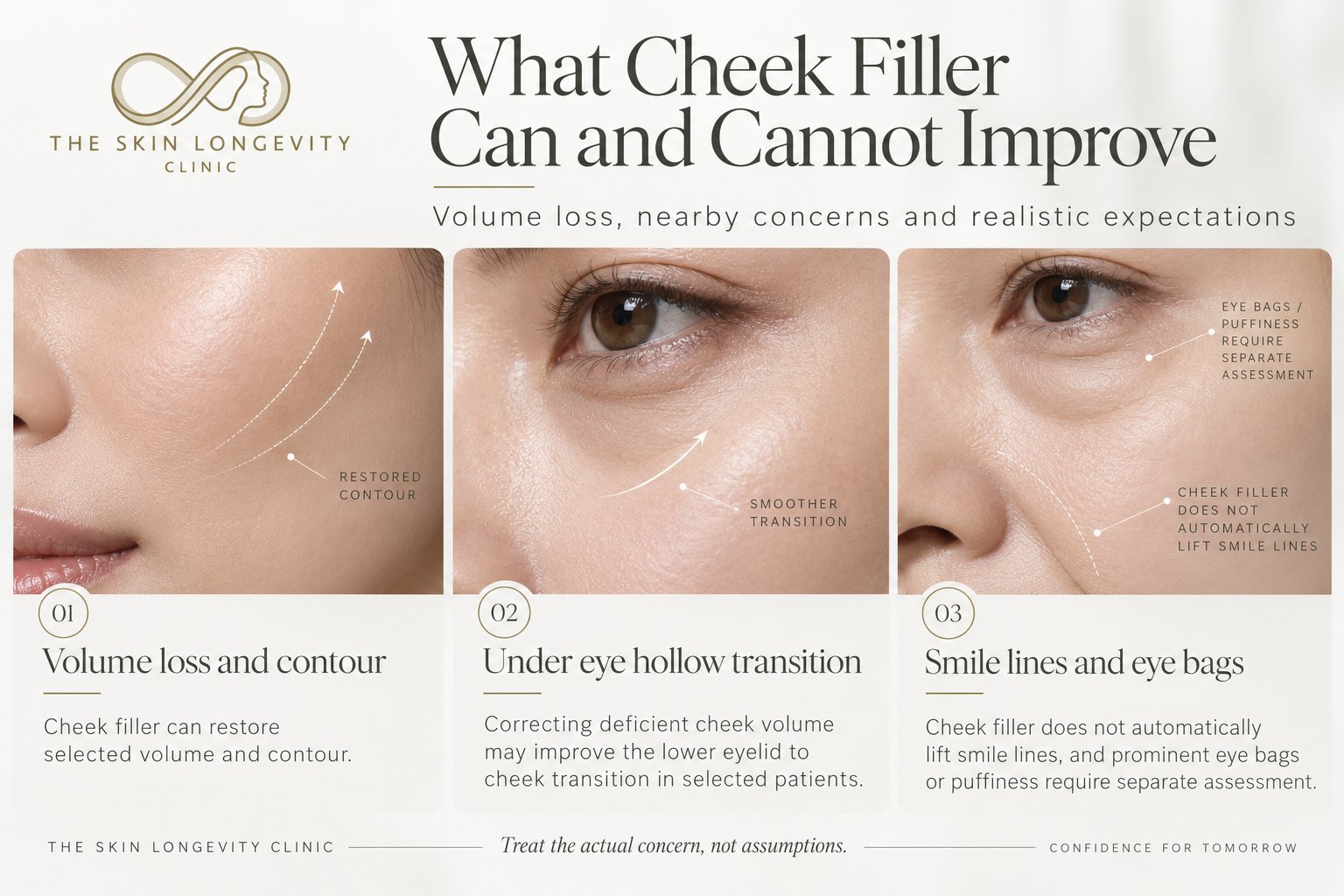What cheek filler can and cannot improve: restores volume and contour, may smooth the under-eye hollow transition, does not automatically lift smile lines; eye bags need separate assessment