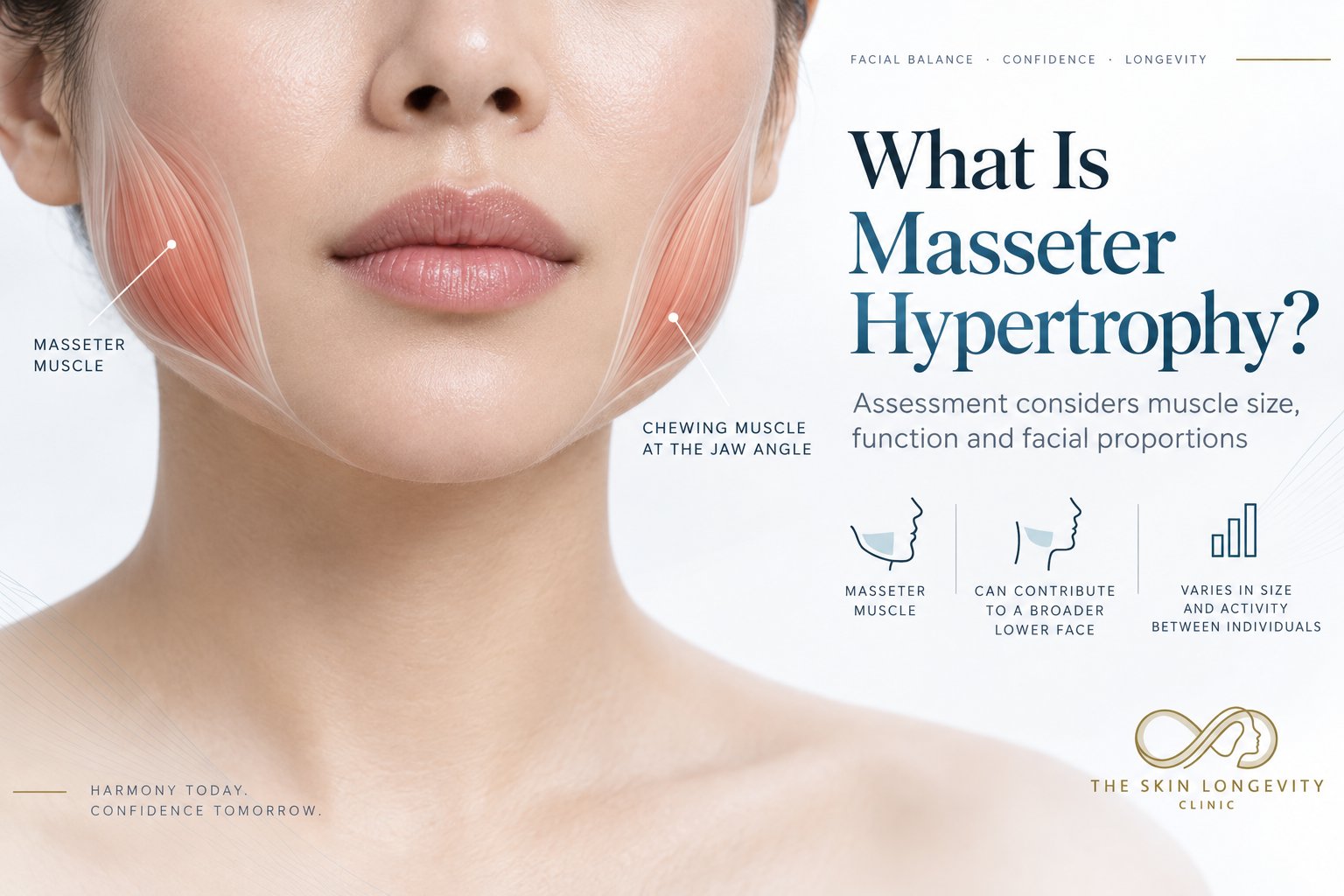 What is masseter hypertrophy: the chewing muscle at the jaw angle can contribute to a broader lower face and varies in size and activity between individuals