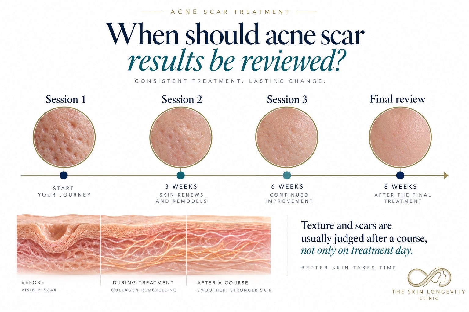 When pico laser acne scar results should be reviewed: session one, session two at three weeks, session three at six weeks and final review eight weeks after the last treatment