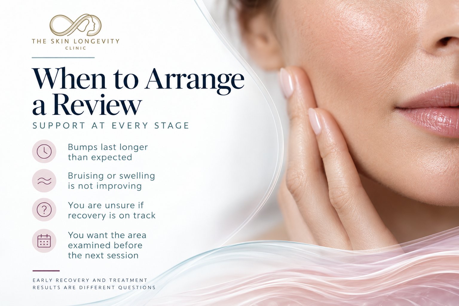 When to arrange a review after PN skin boosters: bumps lasting longer than expected, bruising or swelling not improving, uncertainty about recovery, or wanting the area examined before the next session