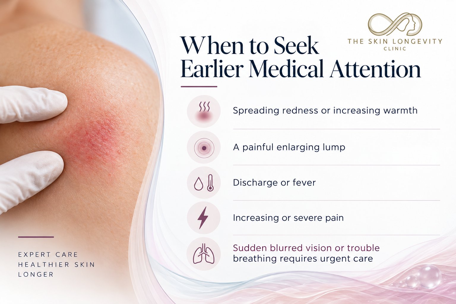 When to seek earlier medical attention after PN injections: spreading redness or warmth, a painful enlarging lump, discharge or fever, increasing or severe pain, with sudden blurred vision or trouble breathing needing urgent care