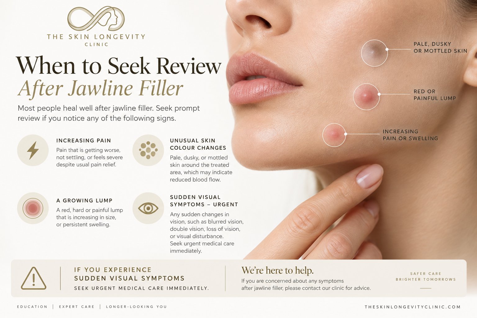 When to seek review after jawline filler: increasing pain, unusual skin colour changes, a growing lump or sudden visual symptoms