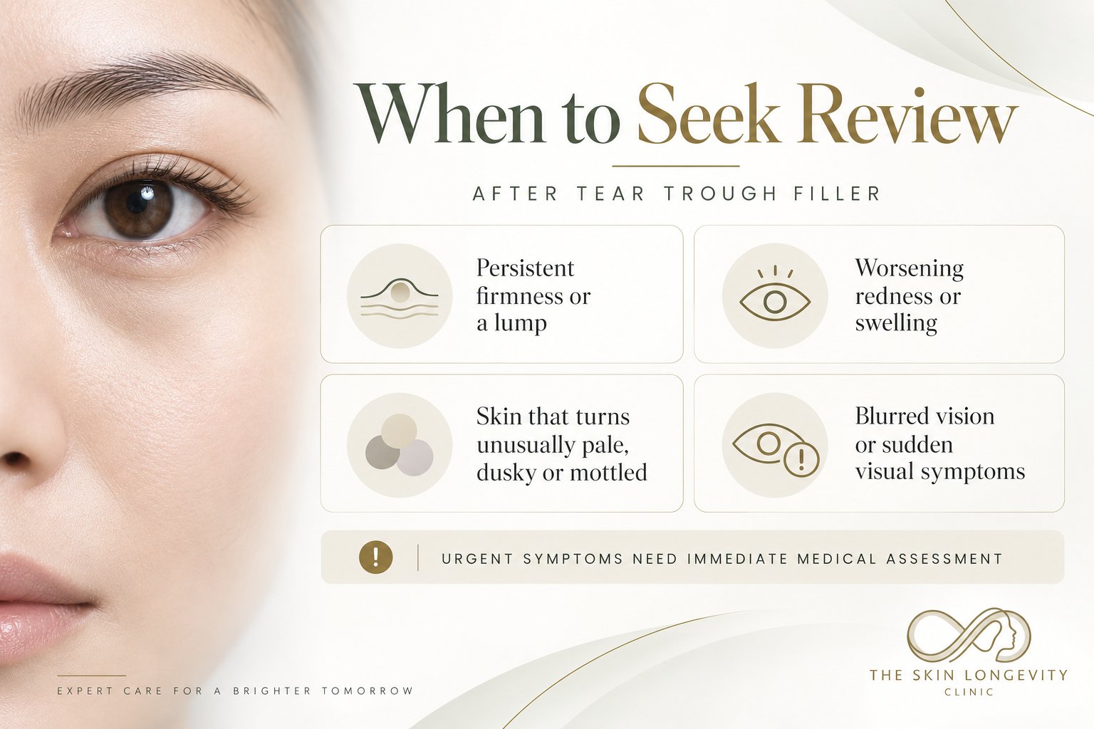When to seek review after tear trough filler: persistent lump, worsening swelling, pale or mottled skin, blurred vision