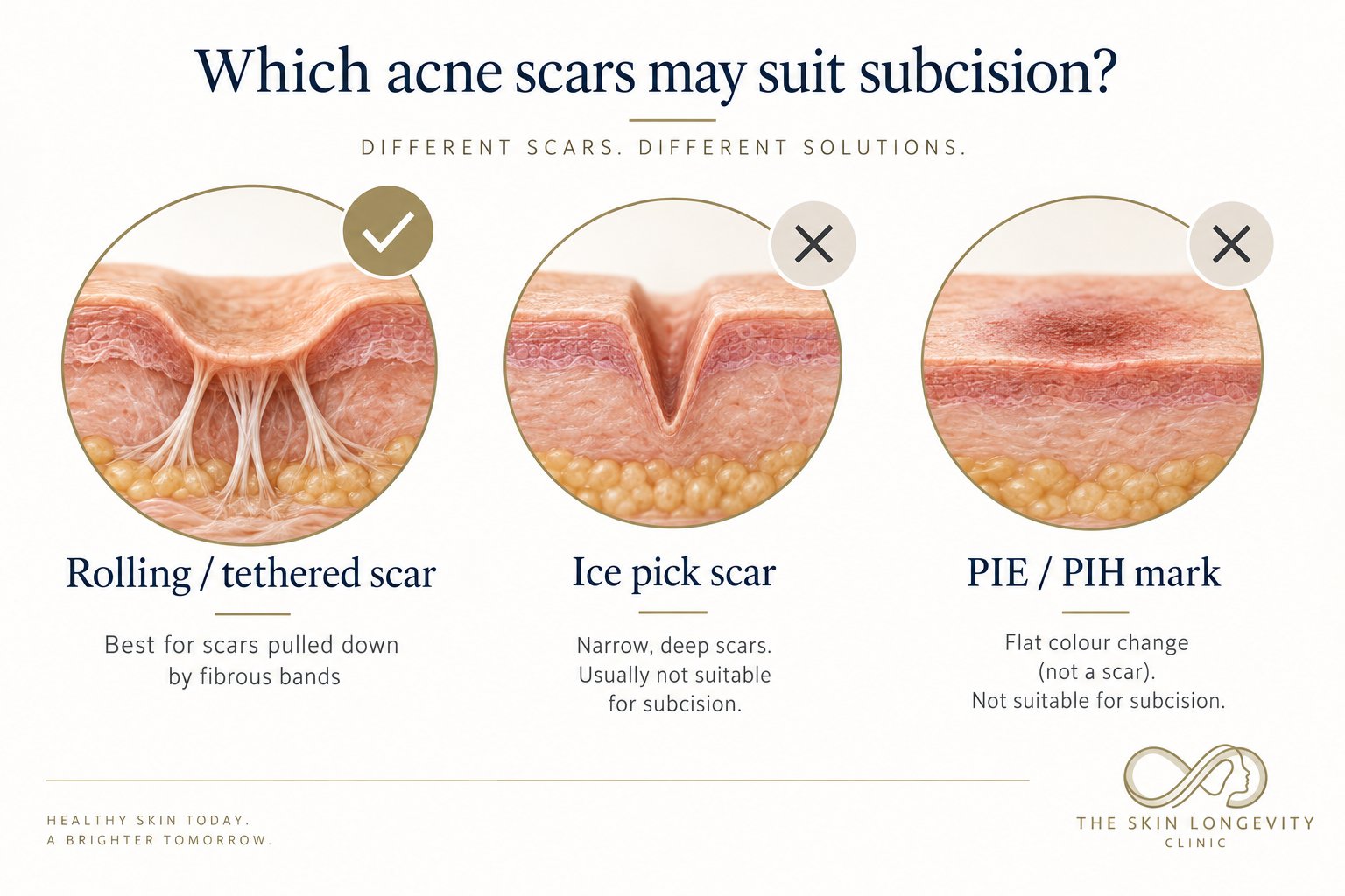 Which acne scars may suit subcision: rolling or tethered scars held down by fibrous bands are suitable; ice pick scars and flat PIE or PIH marks are not
