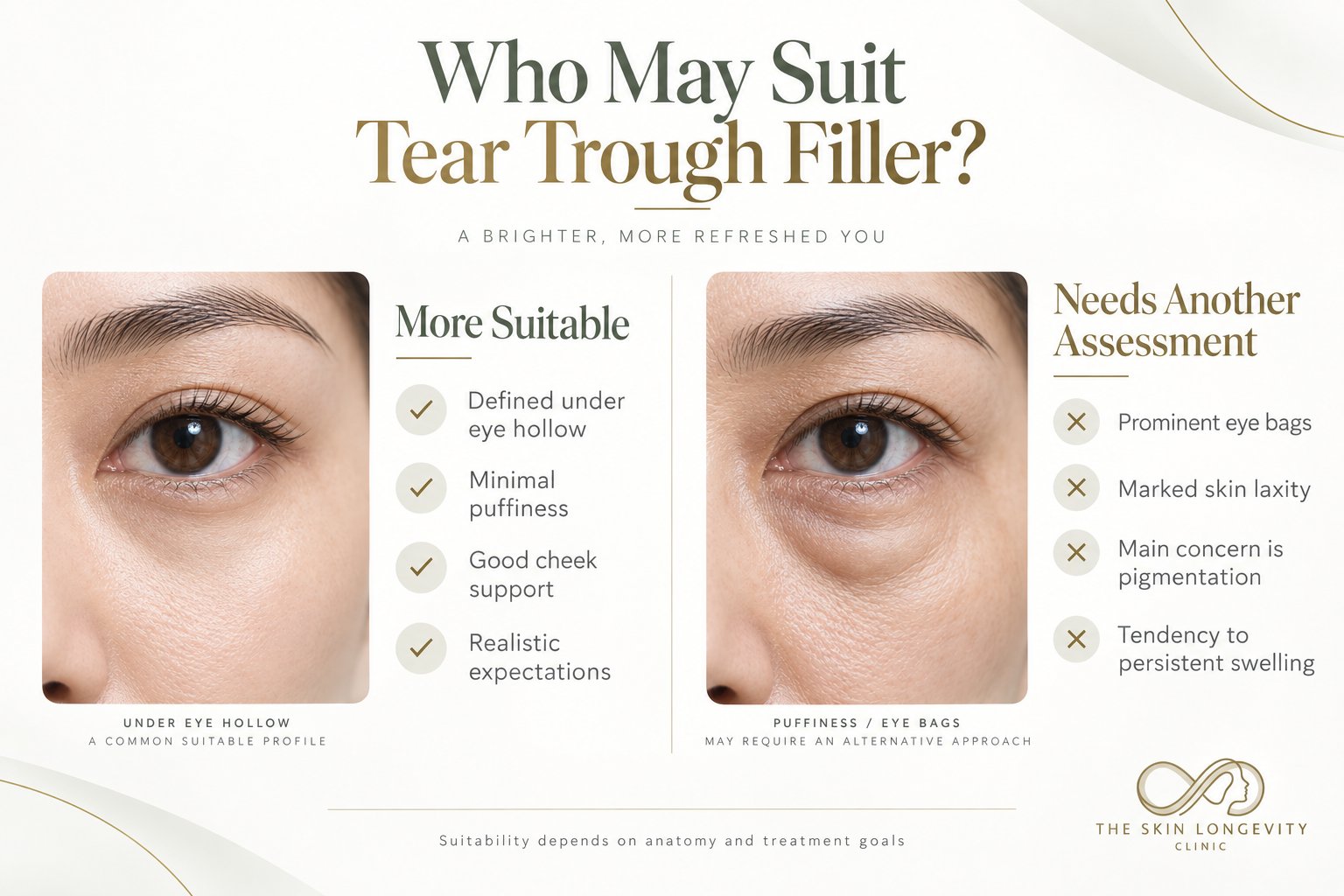 Who is suitable for tear trough filler: defined under eye hollow with minimal puffiness versus eye bags, laxity or pigmentation needing another assessment