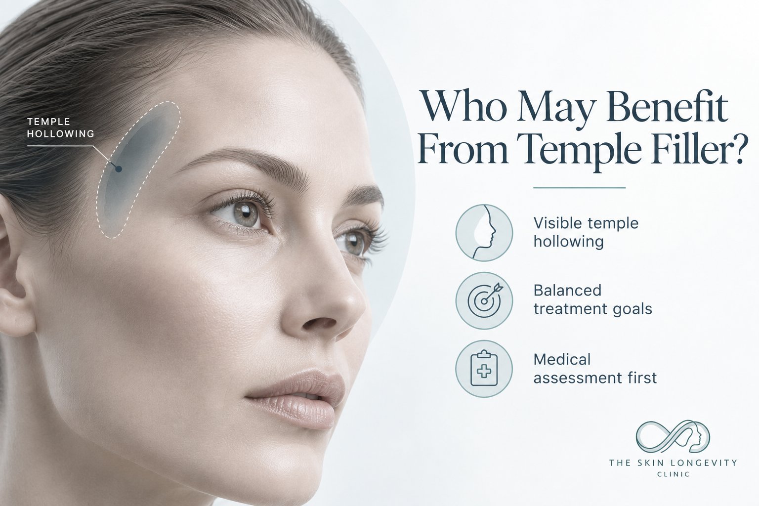 Who is suitable for temple filler: visible temple hollowing, balanced treatment goals and medical assessment first