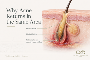 Medical illustration showing why acne can recur in the same area, with excess sebum, a blocked follicle and inflammation within the pilosebaceous unit.
