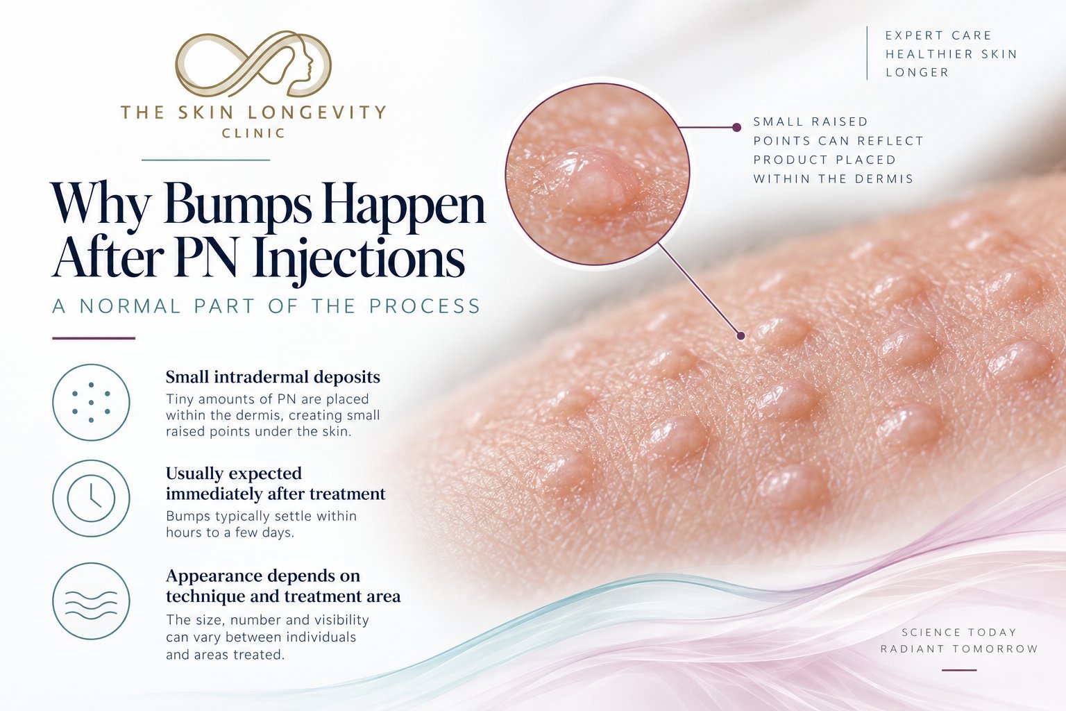 Why bumps happen after PN injections: small intradermal deposits create raised points that usually settle within hours to a few days, with appearance varying by technique and treatment area