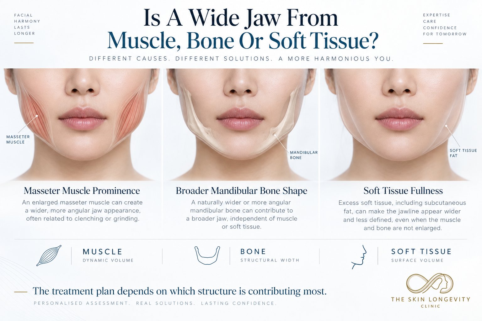 Is a wide jaw from muscle, bone or soft tissue: masseter muscle prominence, broader mandibular bone shape or soft tissue fullness