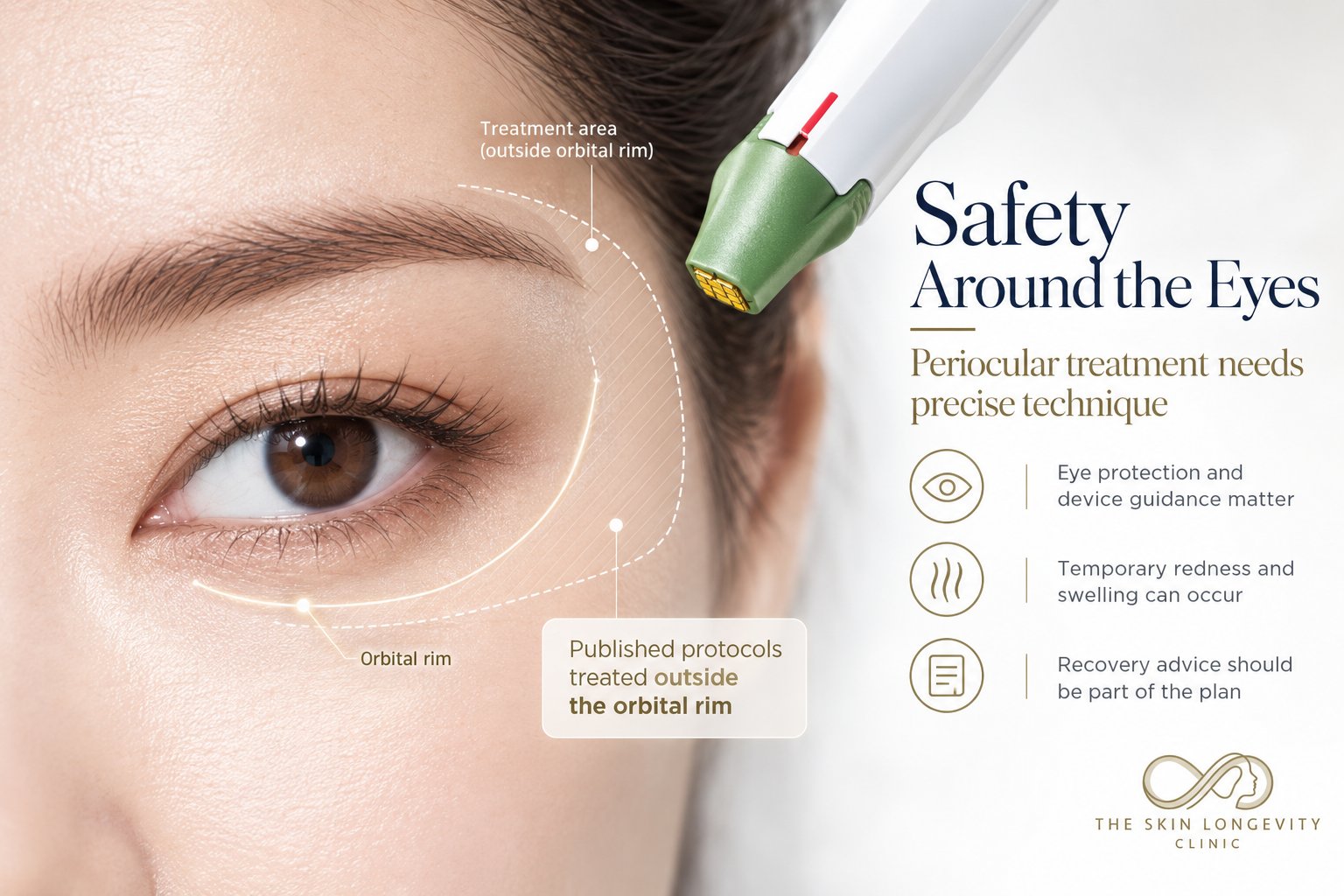 Safety around the eyes with XERF: published protocols treated outside the orbital rim; eye protection and device guidance matter, temporary redness and swelling can occur, and recovery advice is part of the plan.
