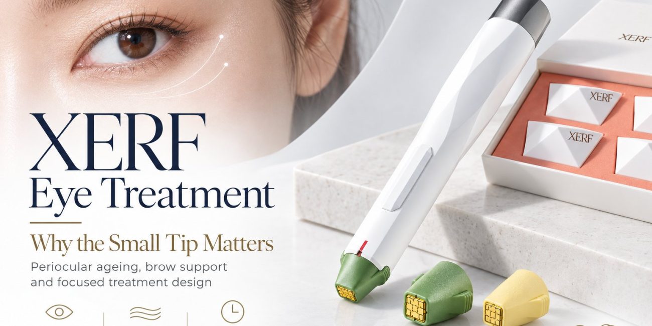 XERF eye treatment: why the small tip matters. XERF handpiece with the E60 facial tip, E10 small tip and E5 precision tip beside a box of XERF tips, for periocular ageing and brow support.
