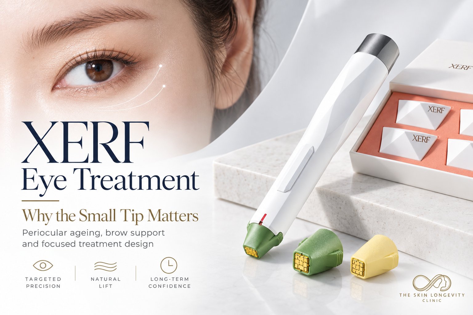 XERF eye treatment: why the small tip matters. XERF handpiece with the E60 facial tip, E10 small tip and E5 precision tip beside a box of XERF tips, for periocular ageing and brow support.