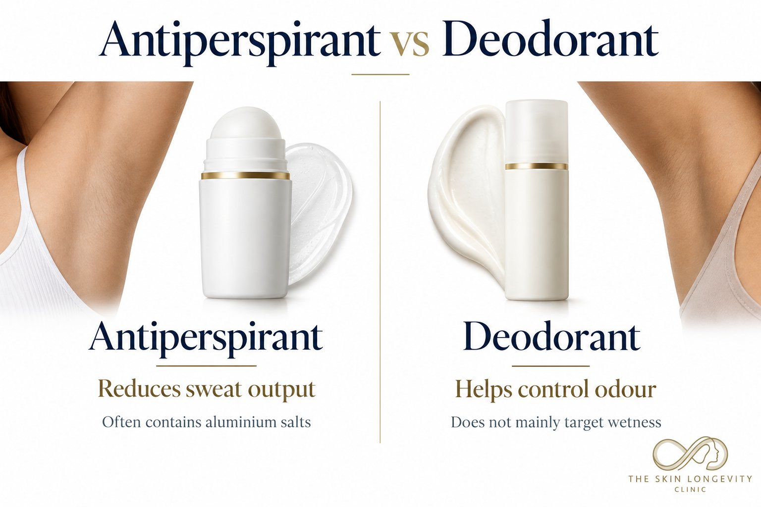 Antiperspirant vs deodorant for excessive sweating: antiperspirant reduces sweat output, deodorant helps control odour