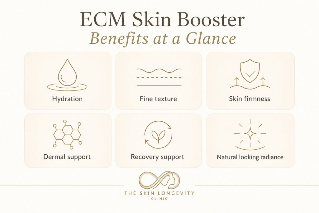 ECM skin booster benefits: hydration, fine texture, skin firmness, dermal support, recovery support and natural-looking radiance