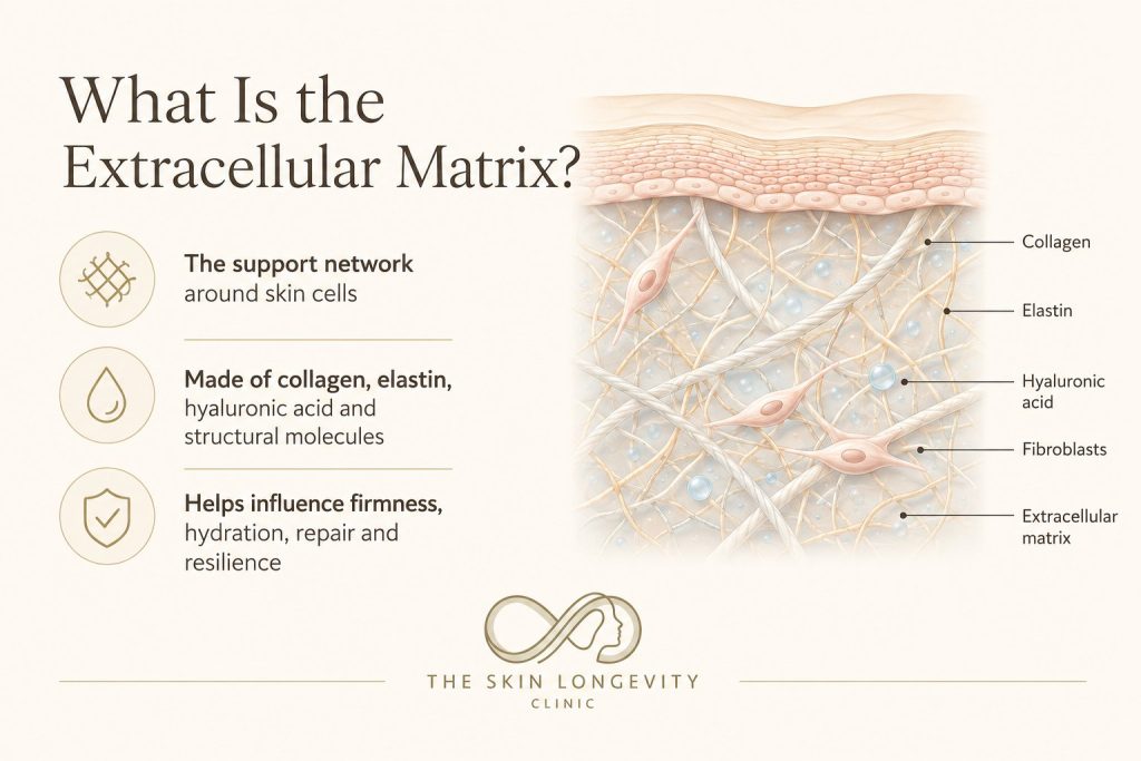 Extracellular matrix of the skin showing collagen, elastin, hyaluronic acid and fibroblasts, the structure ECM skin boosters target