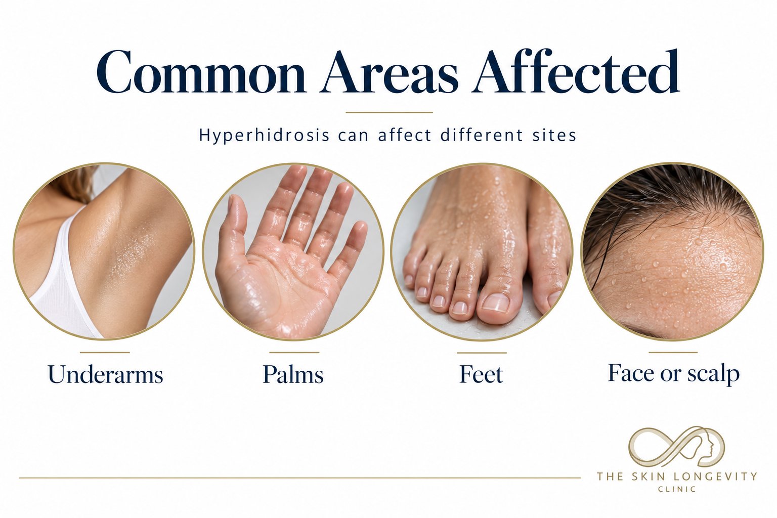 Common areas affected by hyperhidrosis: underarms, palms, feet, face or scalp