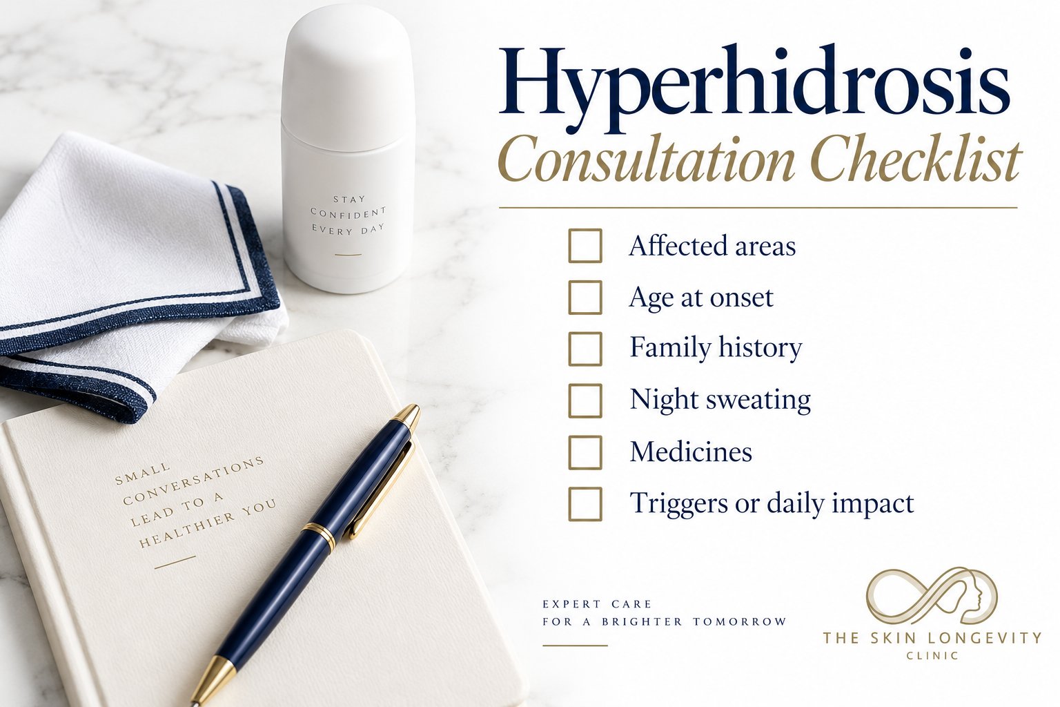 Hyperhidrosis consultation checklist: affected areas, age at onset, family history, night sweating, medicines and daily impact