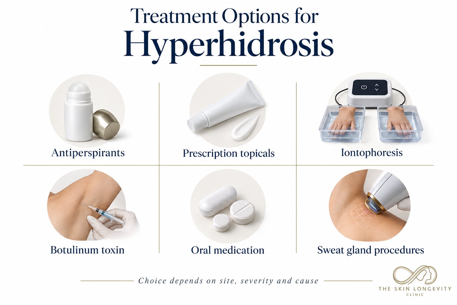 Treatment options for hyperhidrosis: antiperspirants, prescription topicals, iontophoresis, botulinum toxin, oral medication and sweat gland procedures