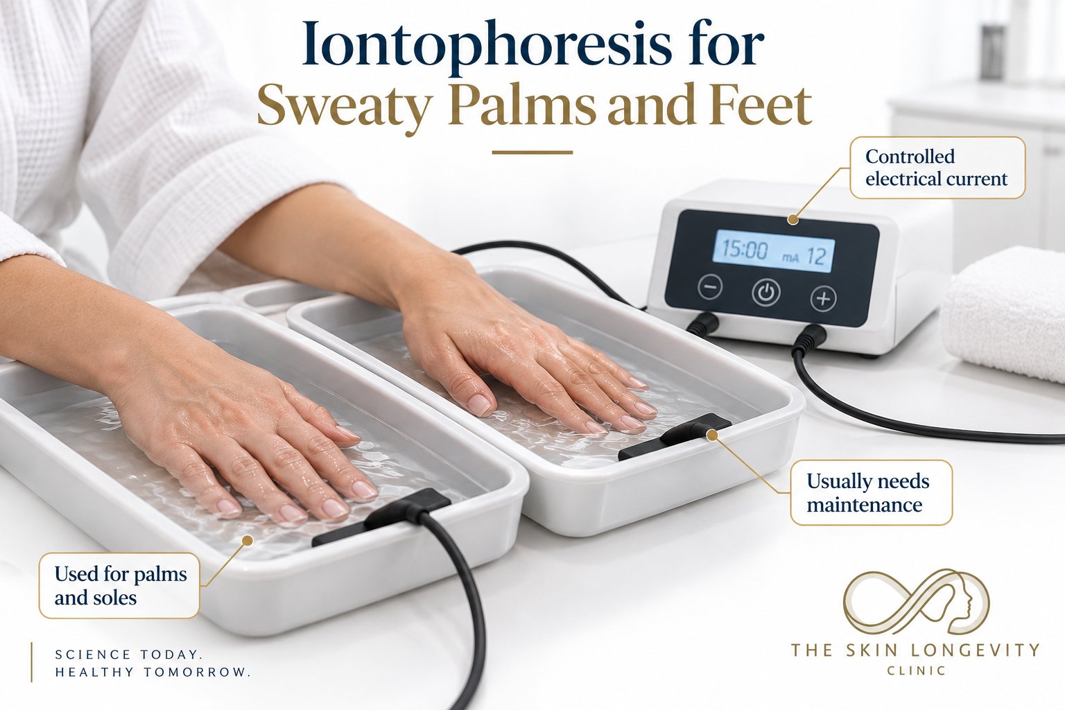 Iontophoresis for sweaty palms and feet: hands in water trays with a controlled electrical current device