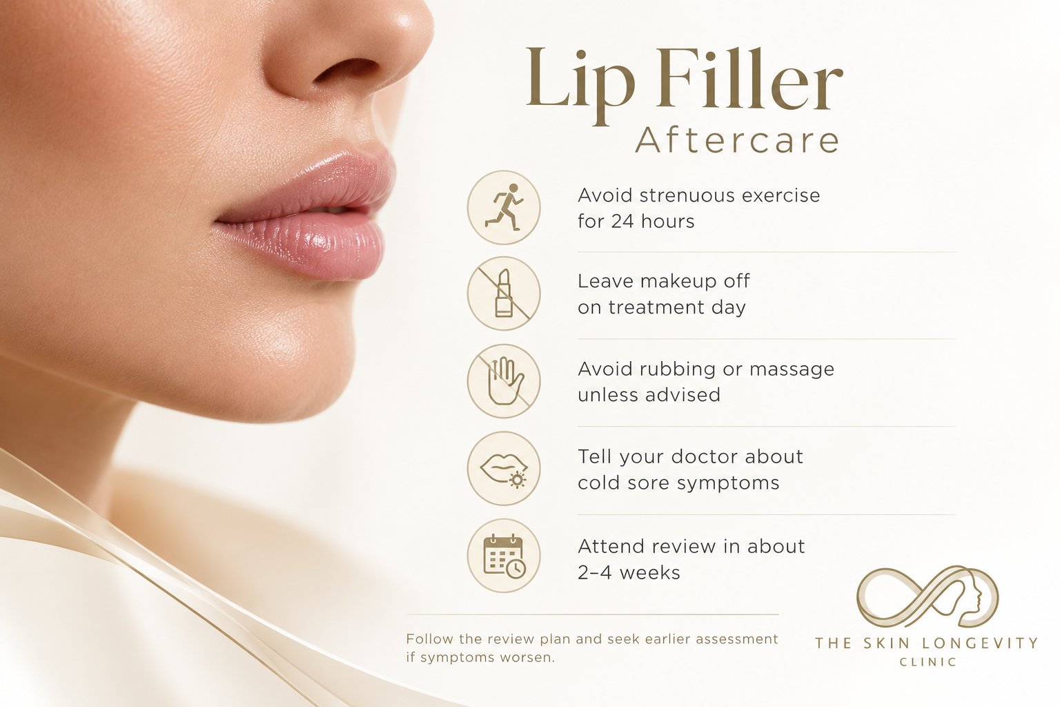 Lip filler recovery timeline: swelling on day 0, bruising days 1 to 3, improvement at 1 week, review at 2 to 4 weeks