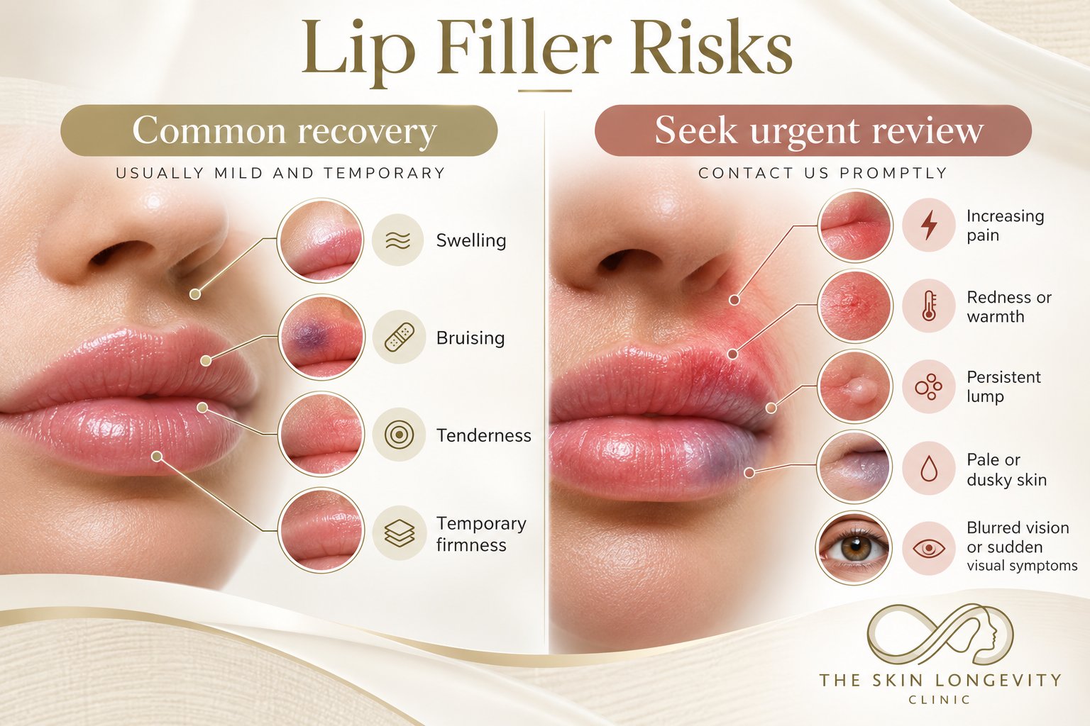 Lip filler risks: common recovery symptoms versus signs that need urgent review