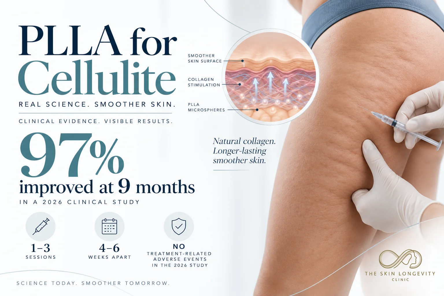 PLLA collagen biostimulator for cellulite: 97% improved at 9 months in a 2026 study, 1–3 sessions 4–6 weeks apart