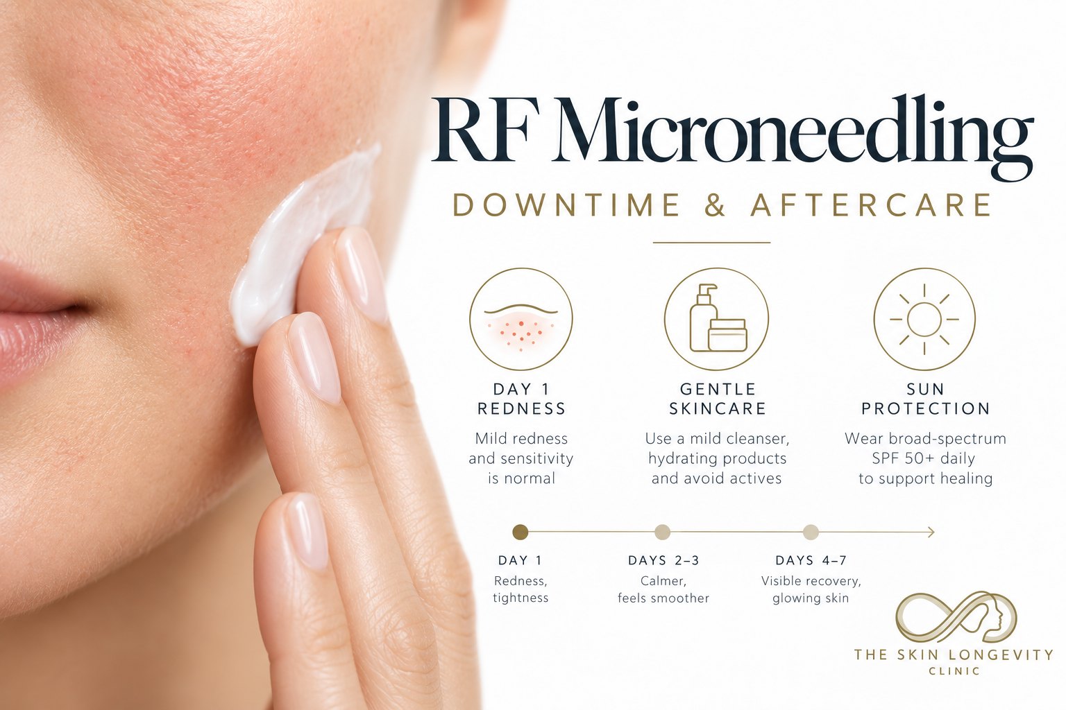RF microneedling downtime and aftercare in Singapore: day 1 redness, gentle skincare and daily SPF 50 sun protection