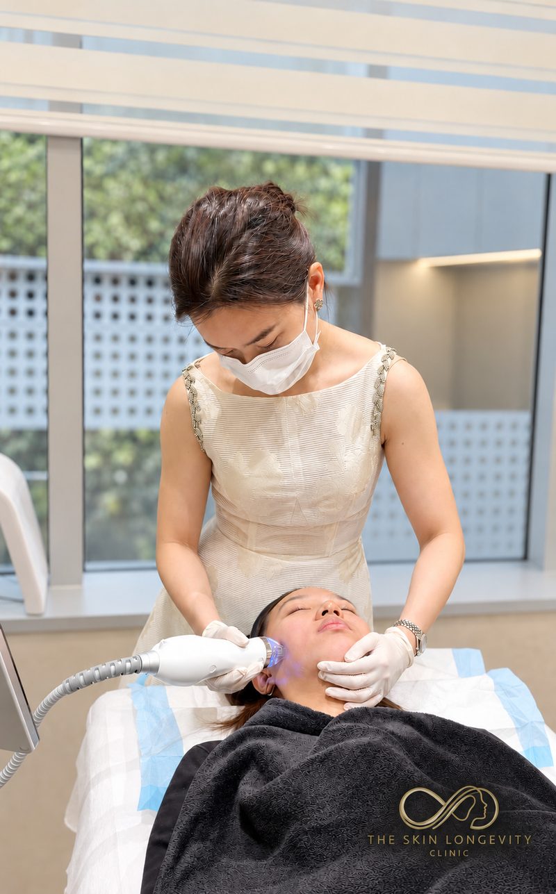 RF microneedling in Singapore: Dr Rachel Ho treating the cheek for acne scars and skin texture
